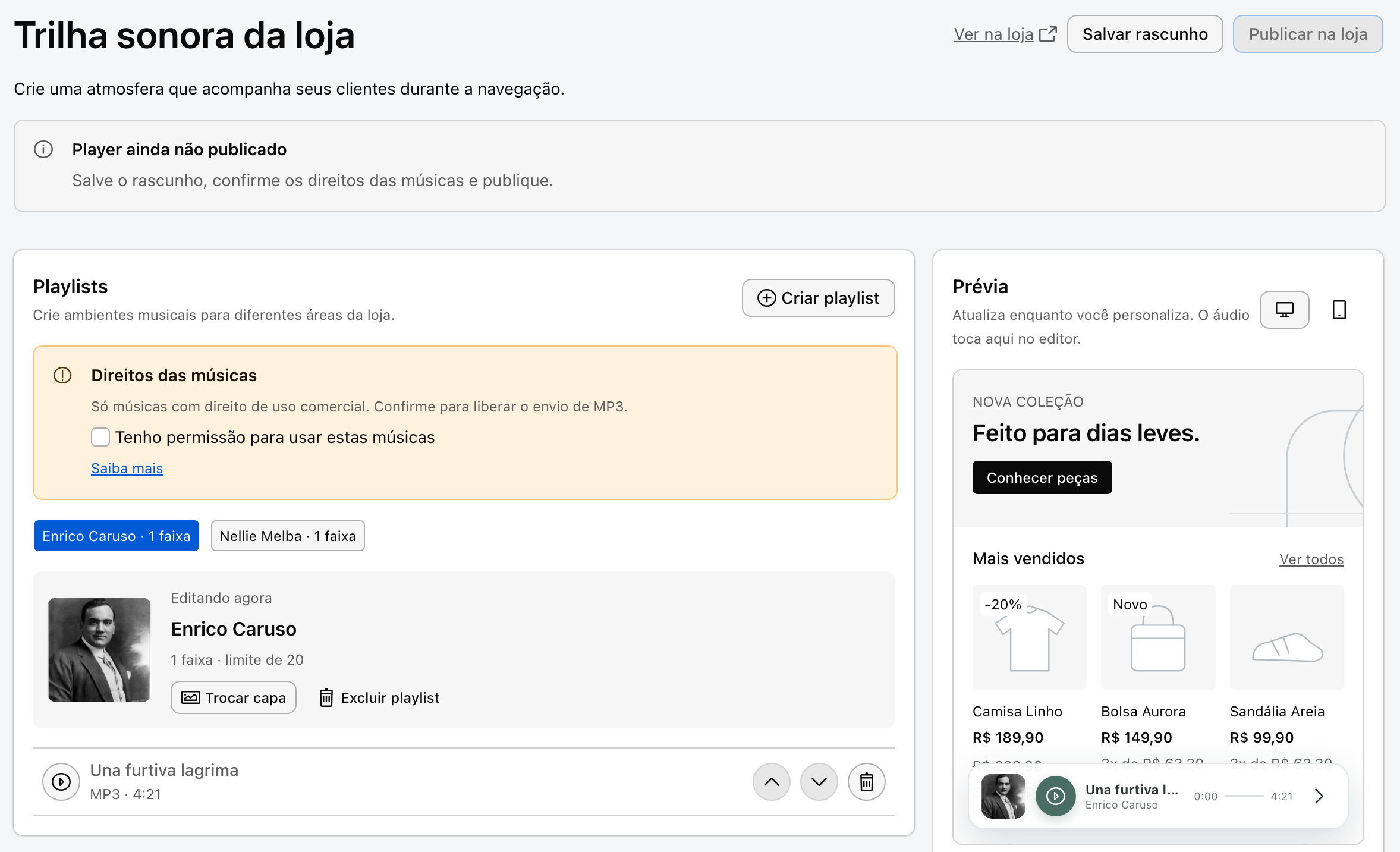 Estúdio do Showtime dentro do painel da Nuvemshop, com playlists e prévia da loja