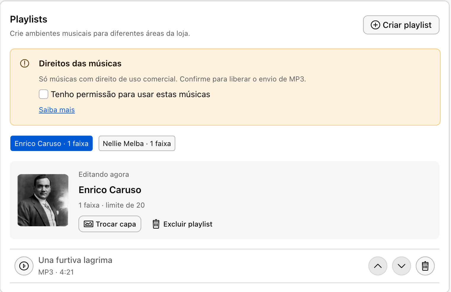 Tela de playlists do Showtime com faixa enviada e confirmação de direitos